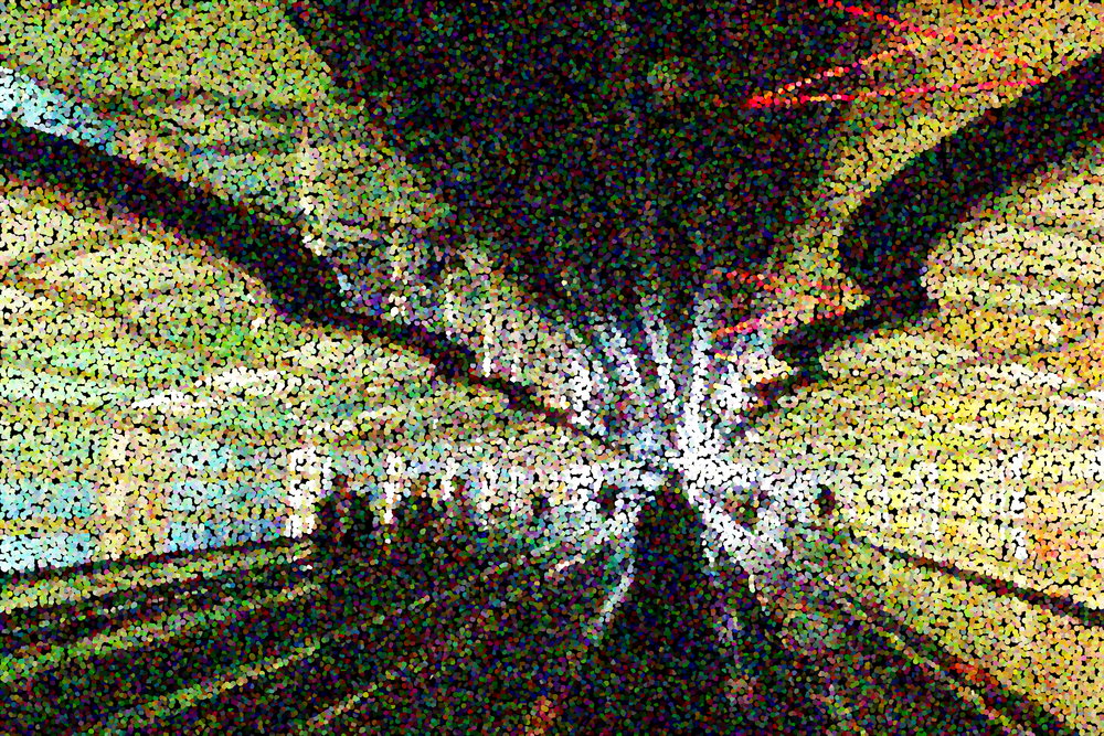 Multicolored pointillist abstract of passageway with neon lights and moving walkway on approach to concourses at a large metropolitan airport